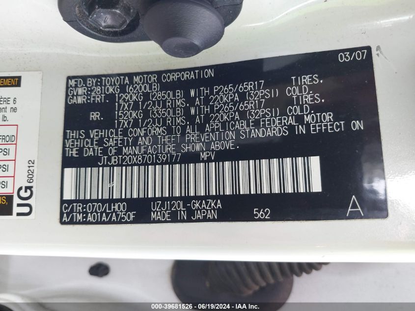 2007 Lexus Gx 470 VIN: JTJBT20X870139177 Lot: 39681526