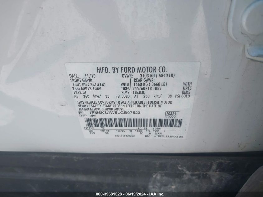 2020 Ford Police Interceptor Utility VIN: 1FM5K8AW5LGB07523 Lot: 39681528