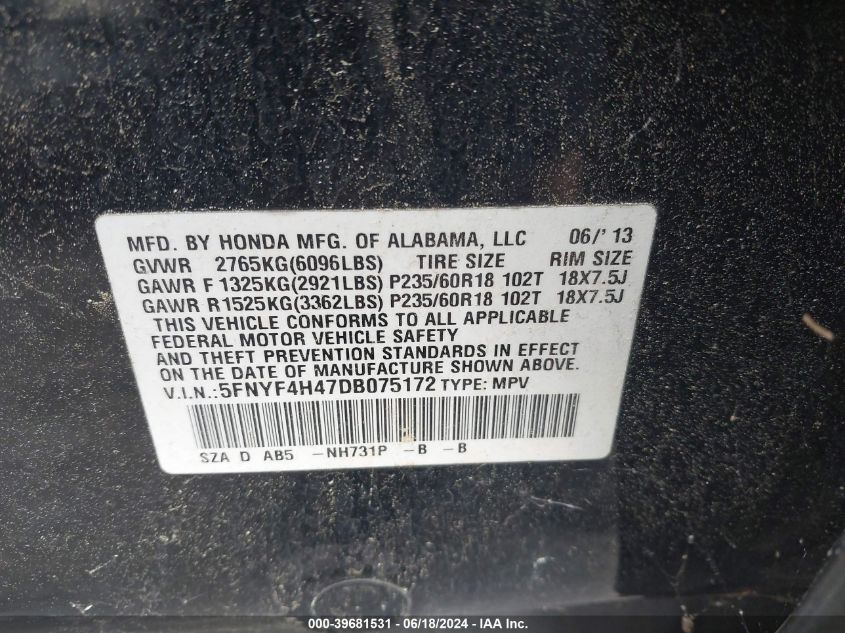 2013 Honda Pilot Ex VIN: 5FNYF4H47DB075172 Lot: 39681531