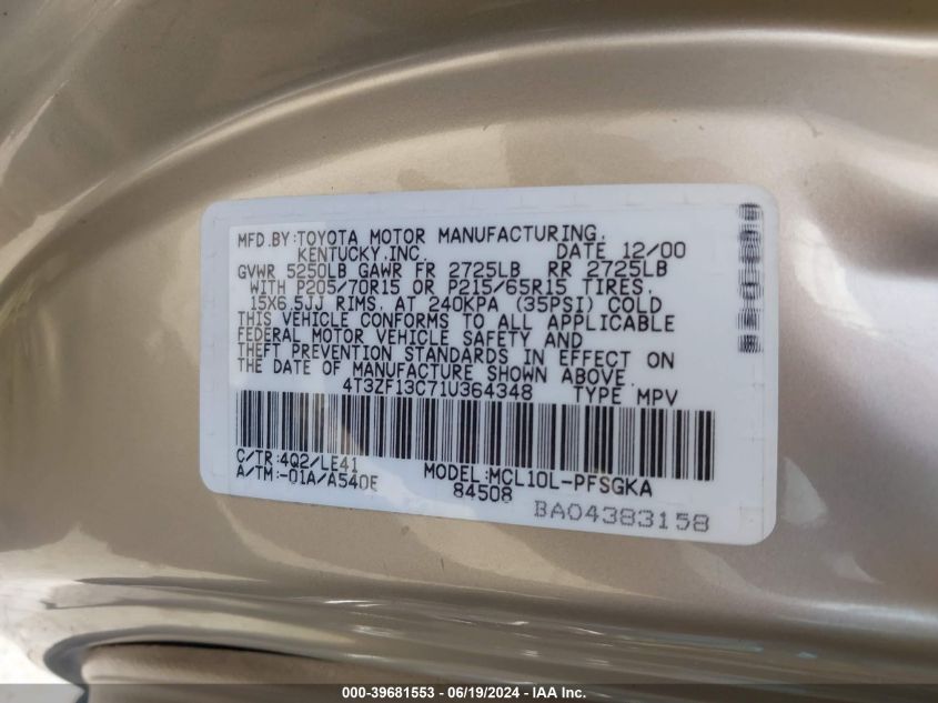 2001 Toyota Sienna Xle VIN: 4T3ZF13C71U364348 Lot: 39681553