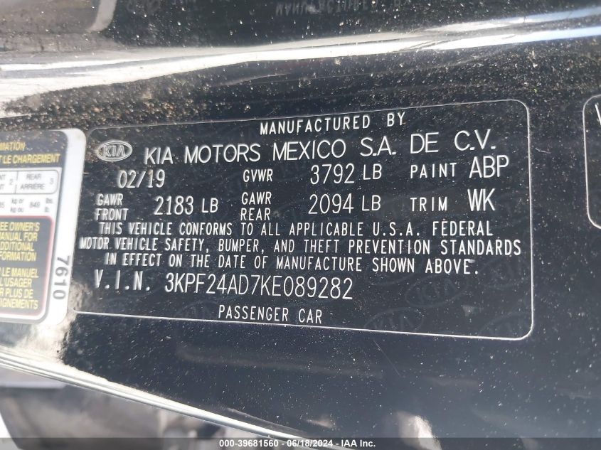 2019 Kia Forte Lxs VIN: 3KPF24AD7KE089282 Lot: 39681560
