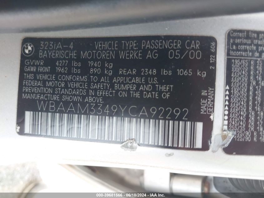 2000 BMW 323I VIN: WBAAM3349YCA92292 Lot: 39681566