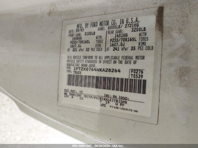1998 Ford F-150 VIN: 1FTZX0764WKA28264 Lot: 39681567