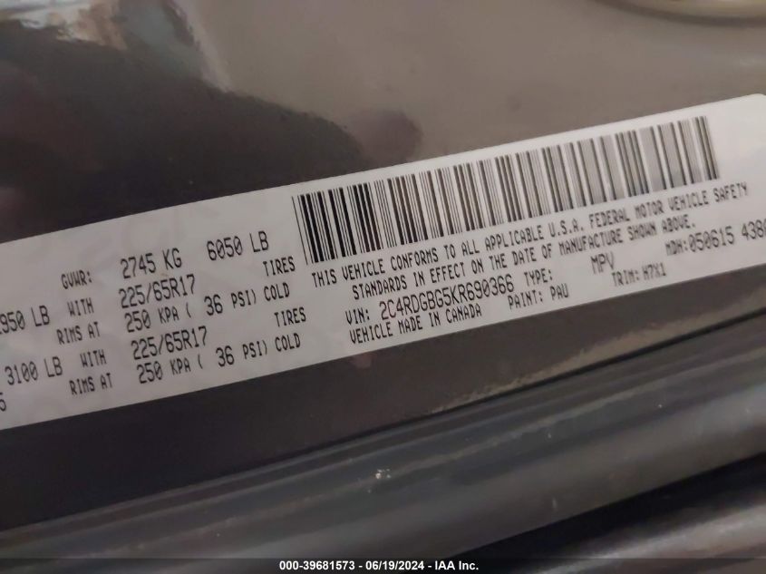 2019 Dodge Grand Caravan Se VIN: 2C4RDGBG5KR690366 Lot: 39681573