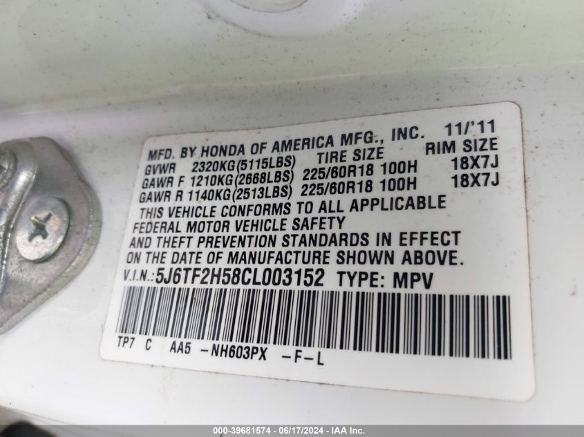2012 Honda Crosstour Ex-L VIN: 5J6TF2H58CL003152 Lot: 39681574
