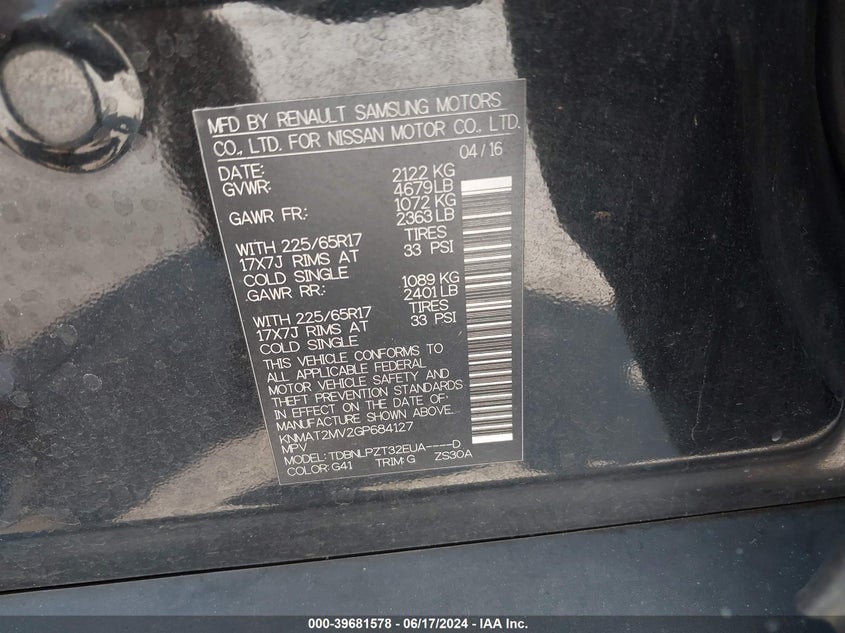 2016 Nissan Rogue S/Sl/Sv VIN: KNMAT2MV2GP684127 Lot: 39681578