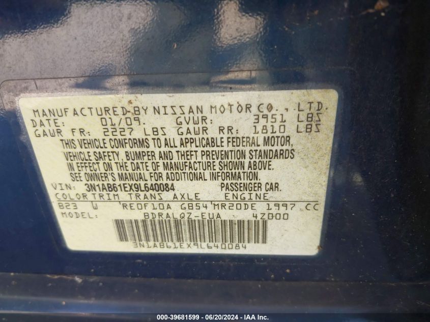 2009 Nissan Sentra 2.0 VIN: 3N1AB61EX9L640084 Lot: 39681599