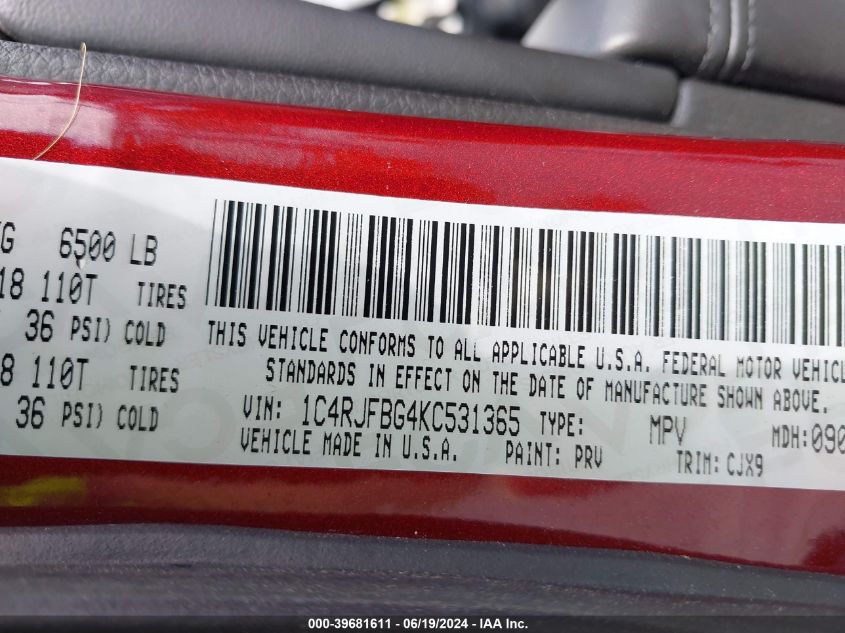 2019 Jeep Grand Cherokee Limited VIN: 1C4RJFBG4KC531365 Lot: 39681611