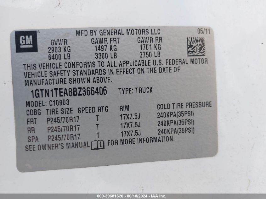 2011 GMC Sierra 1500 Work Truck VIN: 1GTN1TEA8BZ366406 Lot: 39681620