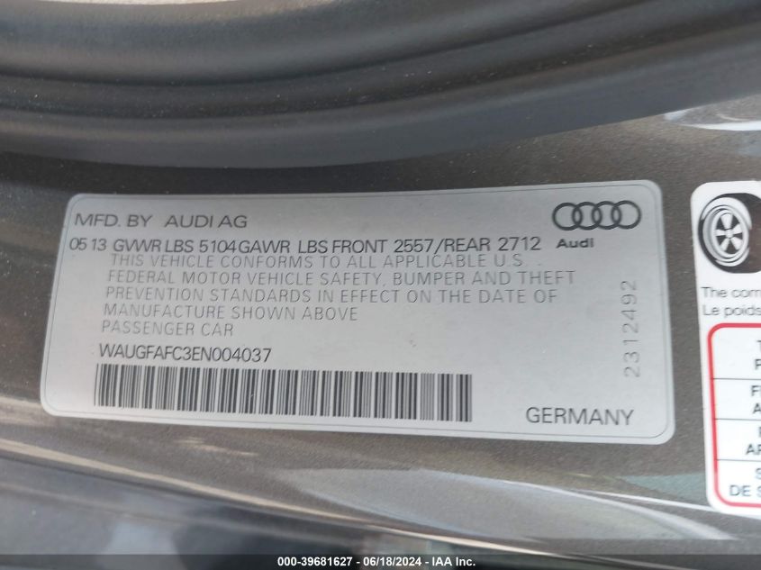 2014 Audi A6 2.0T Premium VIN: WAUGFAFC3EN004037 Lot: 39681627