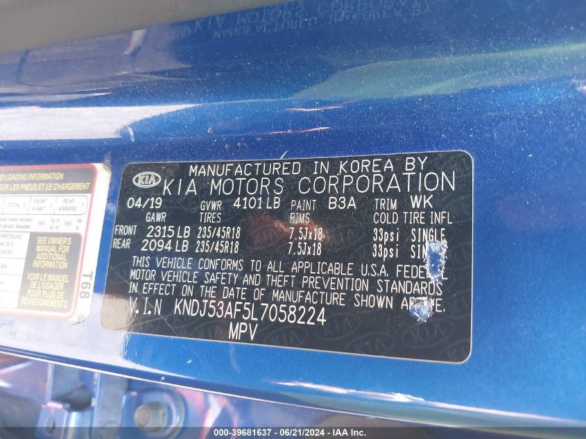 2020 Kia Soul Gt-Line Turbo VIN: KNDJ53AF5L7058224 Lot: 39681637