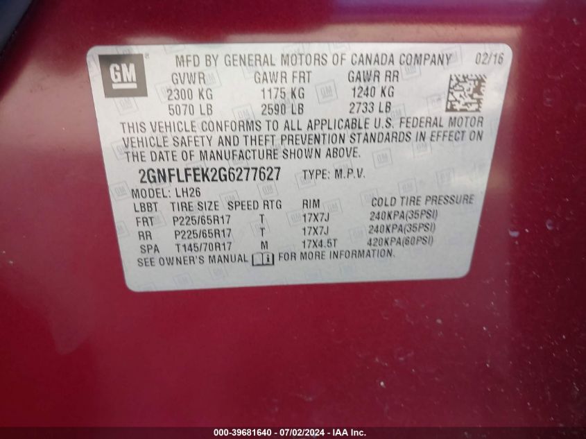 2GNFLFEK2G6277627 2016 Chevrolet Equinox Lt