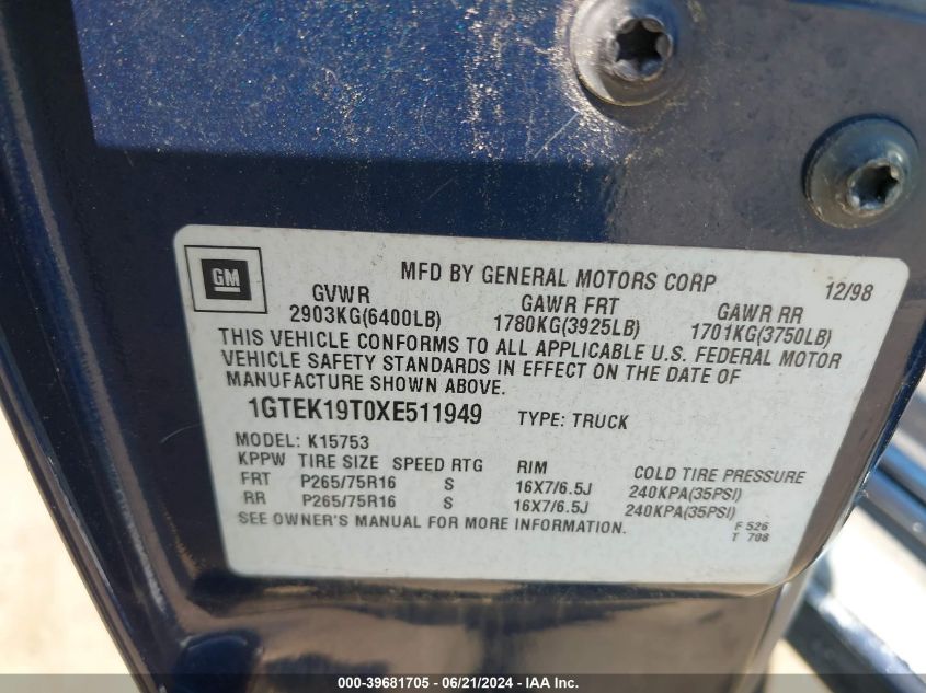 1999 GMC Sierra 1500 Sle VIN: 1GTEK19TOXE511949 Lot: 39681705