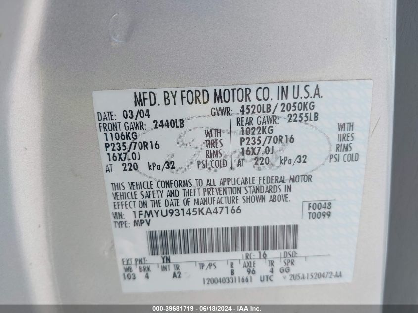 2005 Ford Escape Xlt VIN: 1FMYU93145KA47166 Lot: 39681719