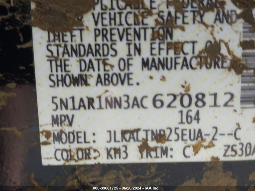 2010 Nissan Pathfinder Se VIN: 5N1AR1NN3AC620812 Lot: 39681725