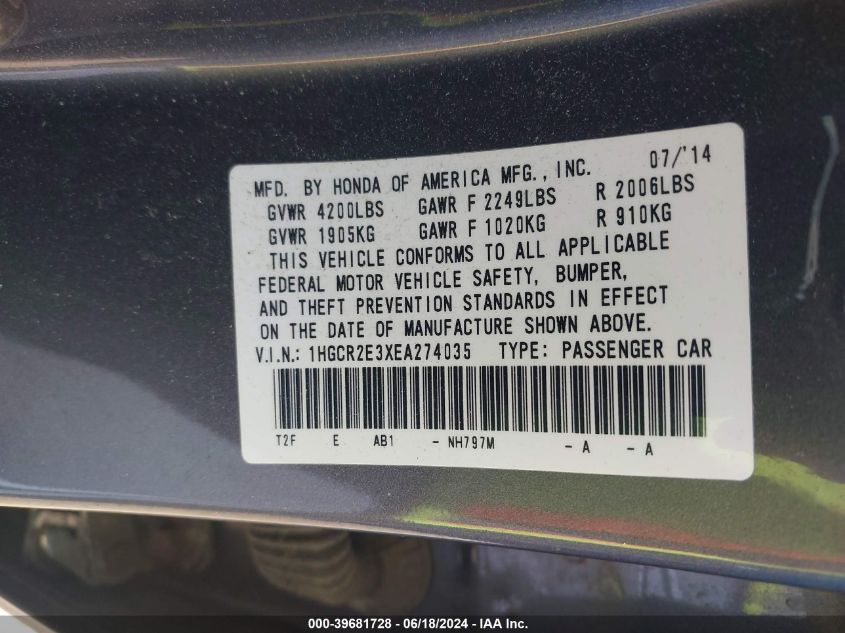 1HGCR2E3XEA274035 2014 Honda Accord Lx