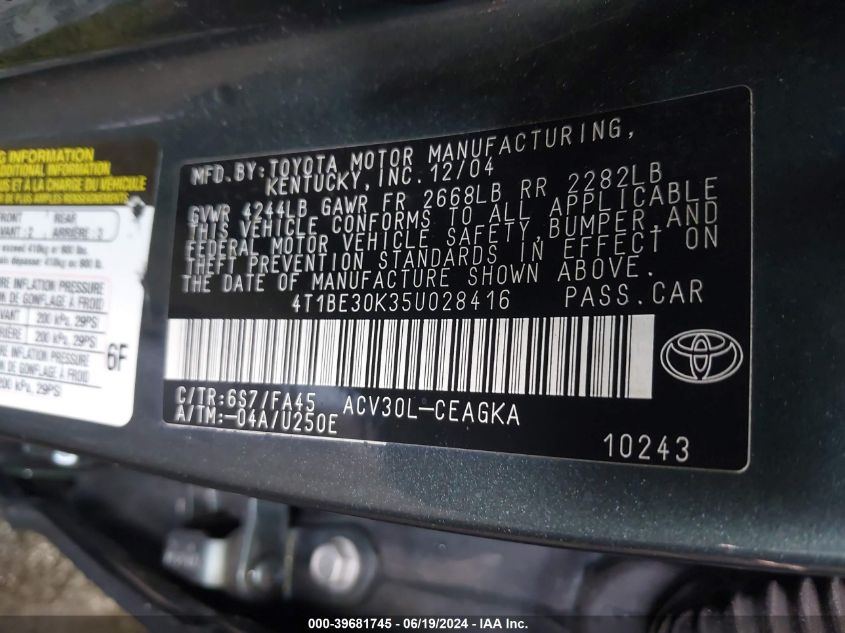 2005 Toyota Camry Xle VIN: 4T1BE30K35U028416 Lot: 39681745