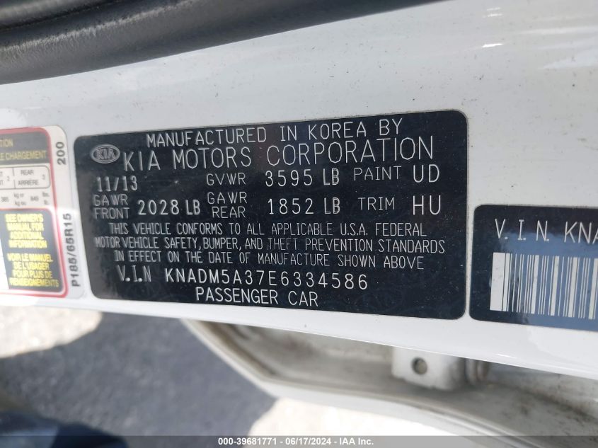 2014 Kia Rio Lx VIN: KNADM5A37E6334586 Lot: 39681771