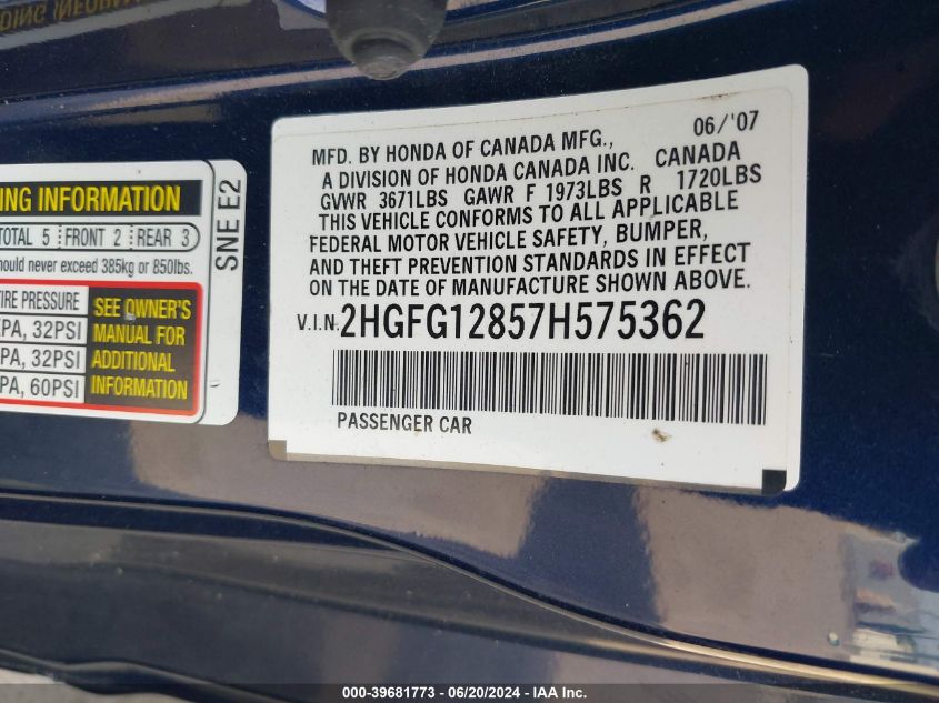 2007 Honda Civic Ex VIN: 2HGFG12857H575362 Lot: 39681773