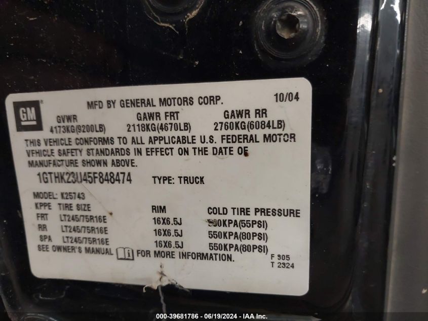 2005 GMC Sierra 2500Hd K2500 Heavy Duty VIN: 1GTHK23U45F848474 Lot: 39681786