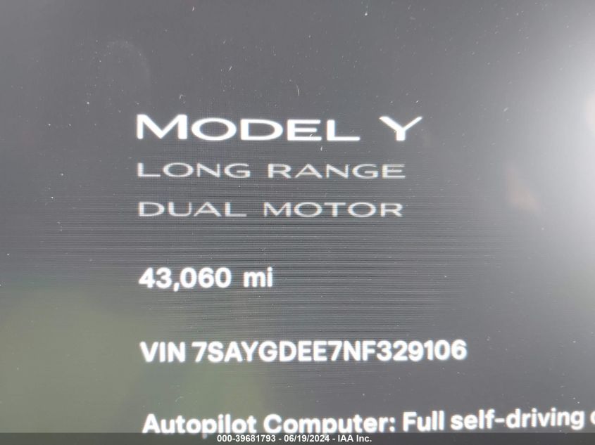 2022 Tesla Model Y VIN: 7SAYGDEE7NF329106 Lot: 39681793