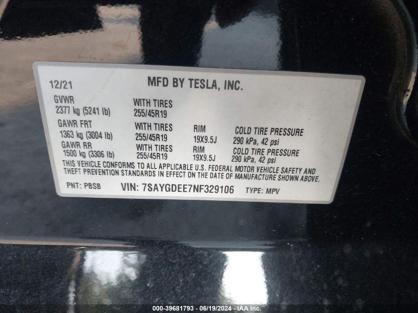 2022 Tesla Model Y VIN: 7SAYGDEE7NF329106 Lot: 39681793