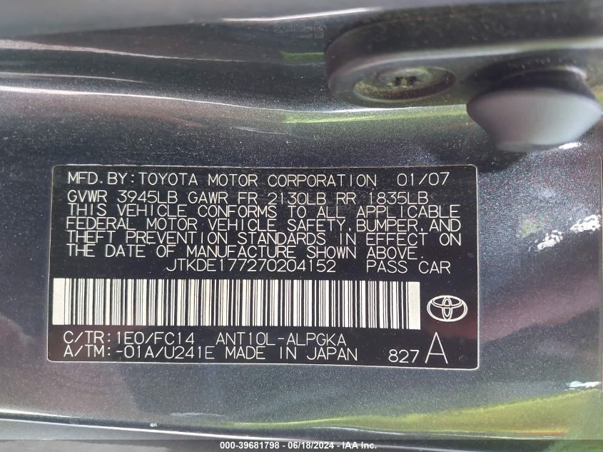 2007 Scion Tc VIN: JTKDE177270204152 Lot: 39681798