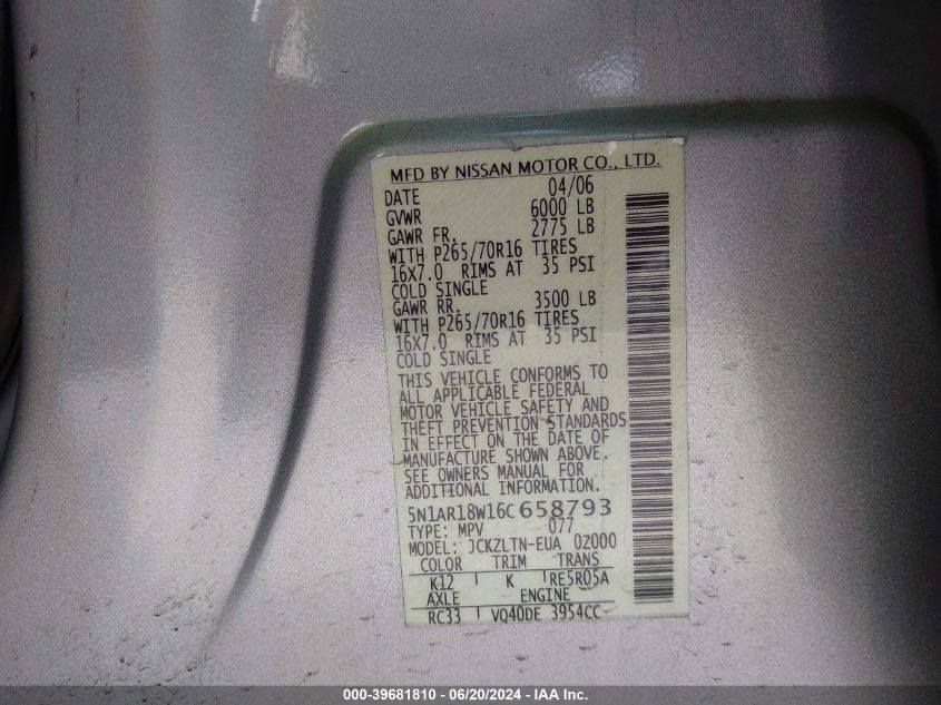2006 Nissan Pathfinder Se VIN: 5N1AR18W16C658793 Lot: 39681810