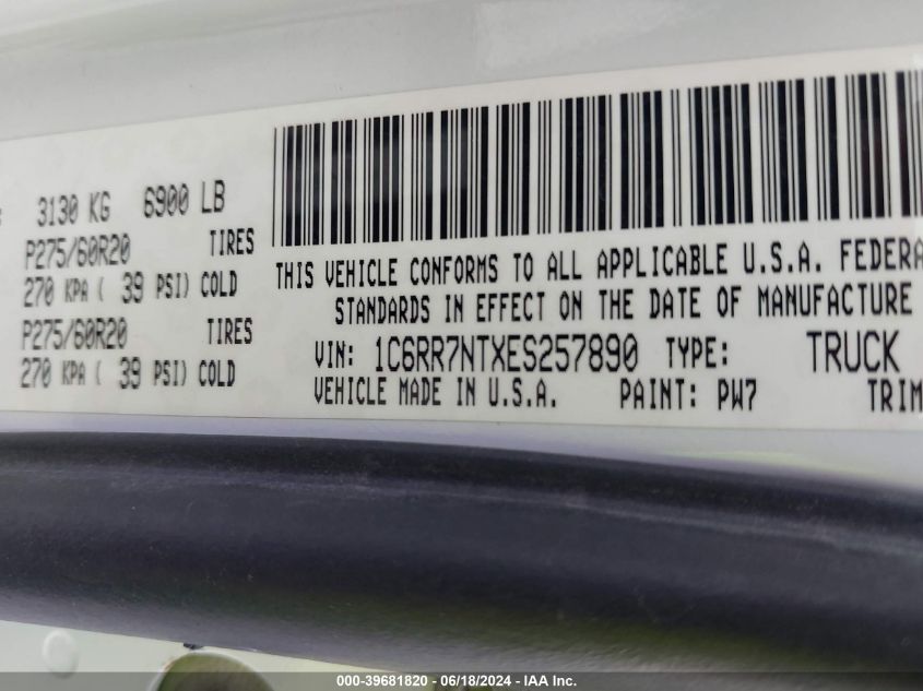 2014 Ram 1500 Laramie VIN: 1C6RR7NTXES257890 Lot: 39681820