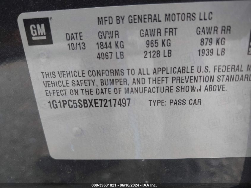 2014 Chevrolet Cruze 1Lt Auto VIN: 1G1PC5SBXE7217497 Lot: 39681821