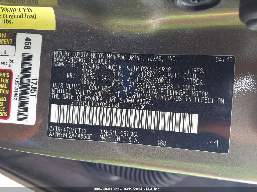 2010 Toyota Tundra Grade 5.7L V8 VIN: 5TFRY5F10AX093169 Lot: 39681822