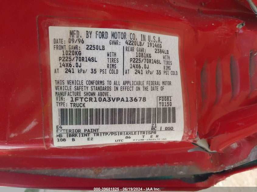 1997 Ford Ranger Splash/Xl/Xlt VIN: 1FTCR10A3VPA13678 Lot: 39681825