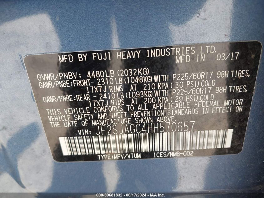 2017 Subaru Forester 2.5I Premium VIN: JF2SJAGC4HH570657 Lot: 39681832