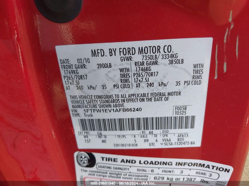 2010 Ford F150 Fx4/Harley-Davidson/King Ranch/Lariat/Platinum/Xl/Xlt VIN: 1FTFW1EV1AFB66240 Lot: 39681840