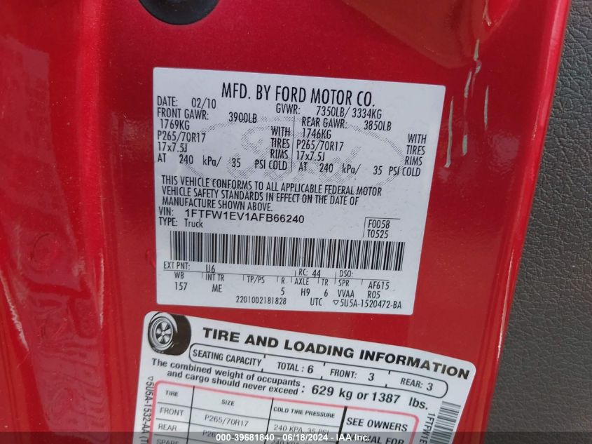 2010 Ford F150 Fx4/Harley-Davidson/King Ranch/Lariat/Platinum/Xl/Xlt VIN: 1FTFW1EV1AFB66240 Lot: 39681840