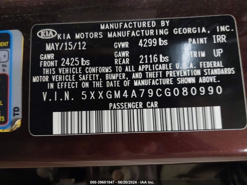 2012 Kia Optima Lx VIN: 5XXGM4A79CG080990 Lot: 39681847