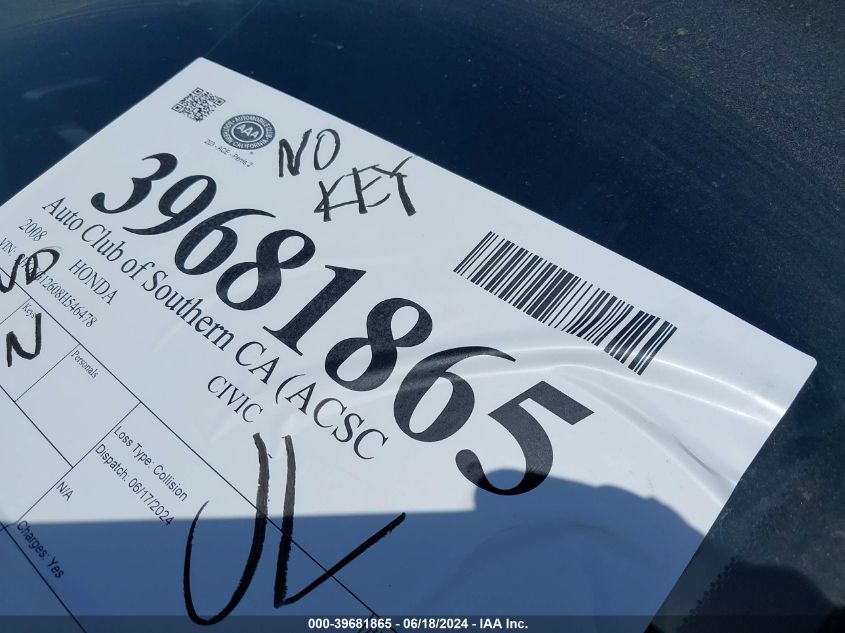 2008 Honda Civic Lx VIN: 2HGFG12608H546478 Lot: 39681865