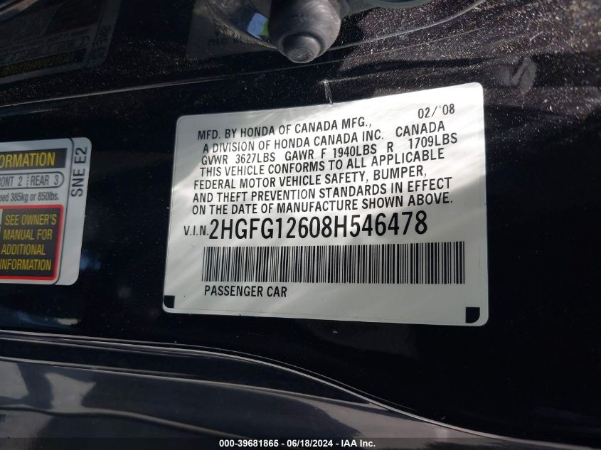 2008 Honda Civic Lx VIN: 2HGFG12608H546478 Lot: 39681865
