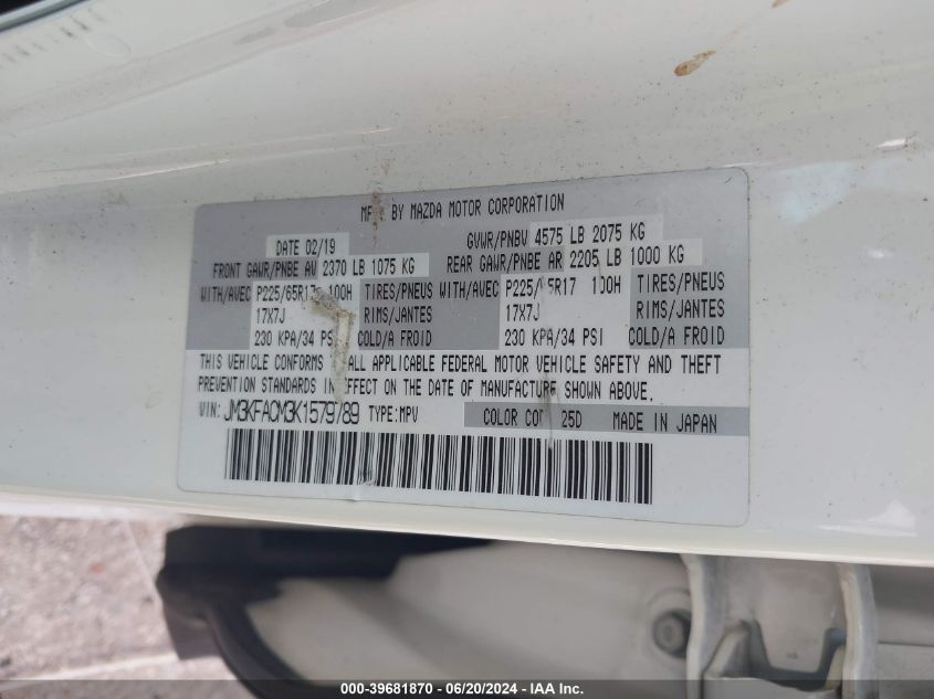 2019 Mazda Cx-5 Touring VIN: JM3KFACM3K1579789 Lot: 39681870