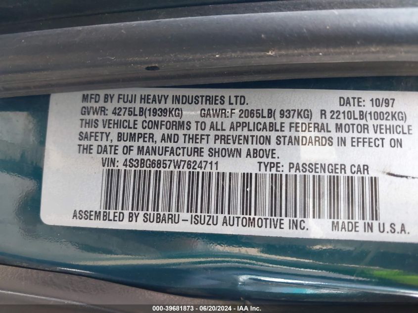 1998 Subaru Legacy Outback/Outback Limited/Outback Sport VIN: 4S3BG6857W7624711 Lot: 39681873