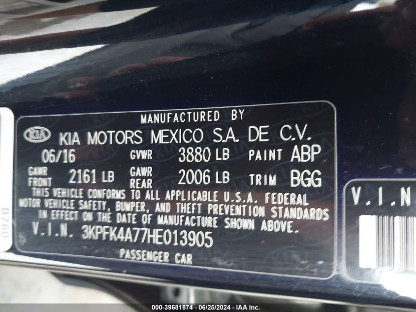 2017 Kia Forte Lx VIN: 3KPFK4A77HE013905 Lot: 39681874