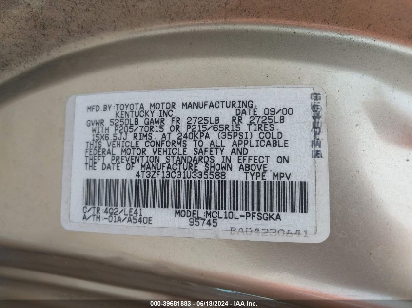 2001 Toyota Sienna Xle VIN: 4T3ZF13C31U335588 Lot: 39681883