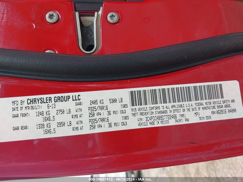 2013 Dodge Journey Se VIN: 3C4PDCAB9DT722466 Lot: 39681912