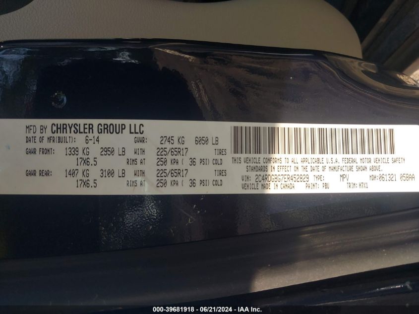 2014 Dodge Grand Caravan American Value Pkg VIN: 2C4RDGBG7ER452829 Lot: 39681918