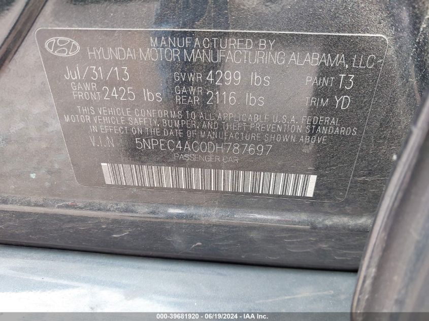2013 Hyundai Sonata Se/Limited VIN: 5NPEC4AC0DH787697 Lot: 39681920