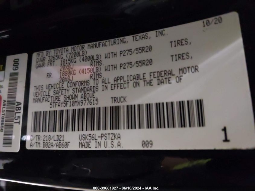 2021 Toyota Tundra 1794 Edition VIN: 5TFAY5F10MX977615 Lot: 39681927