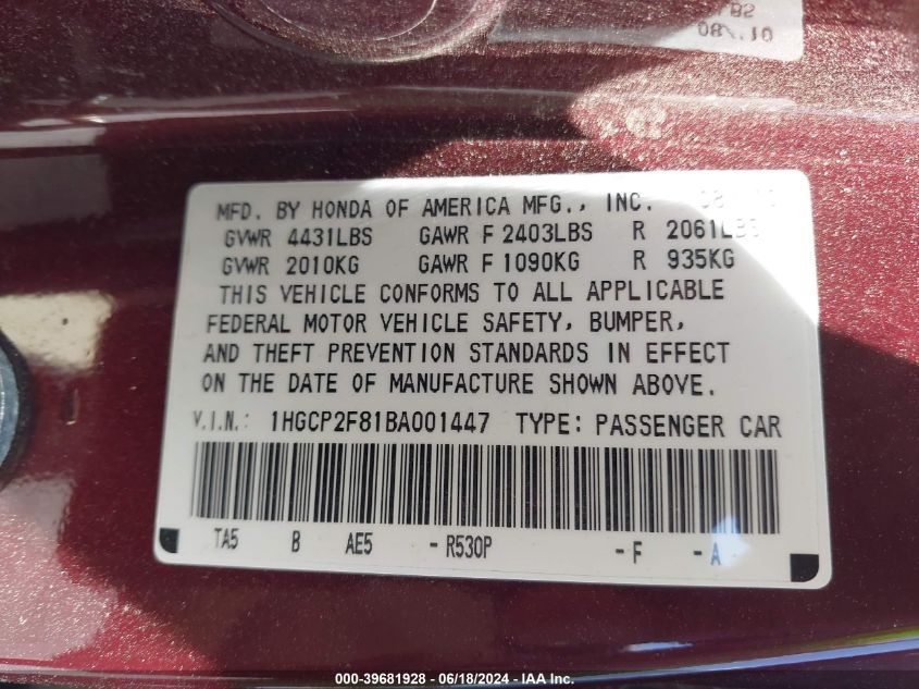 2011 Honda Accord 2.4 Ex-L VIN: 1HGCP2F81BA001447 Lot: 39681928