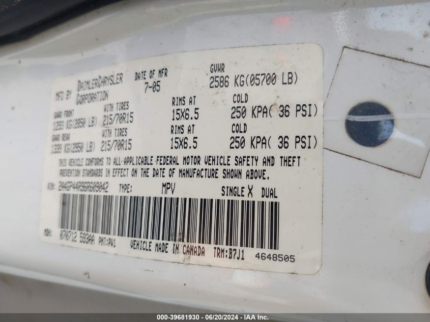 2006 Chrysler Town & Country Lx VIN: 2A4GP44R96R609042 Lot: 39681930