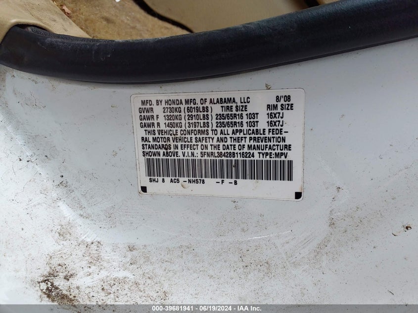 2008 Honda Odyssey Ex VIN: 5FNRL38428B116224 Lot: 39681941