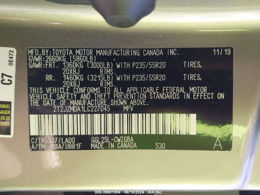 2020 Lexus Rx 350 VIN: 2T2JZMDA1LC227045 Lot: 39681954